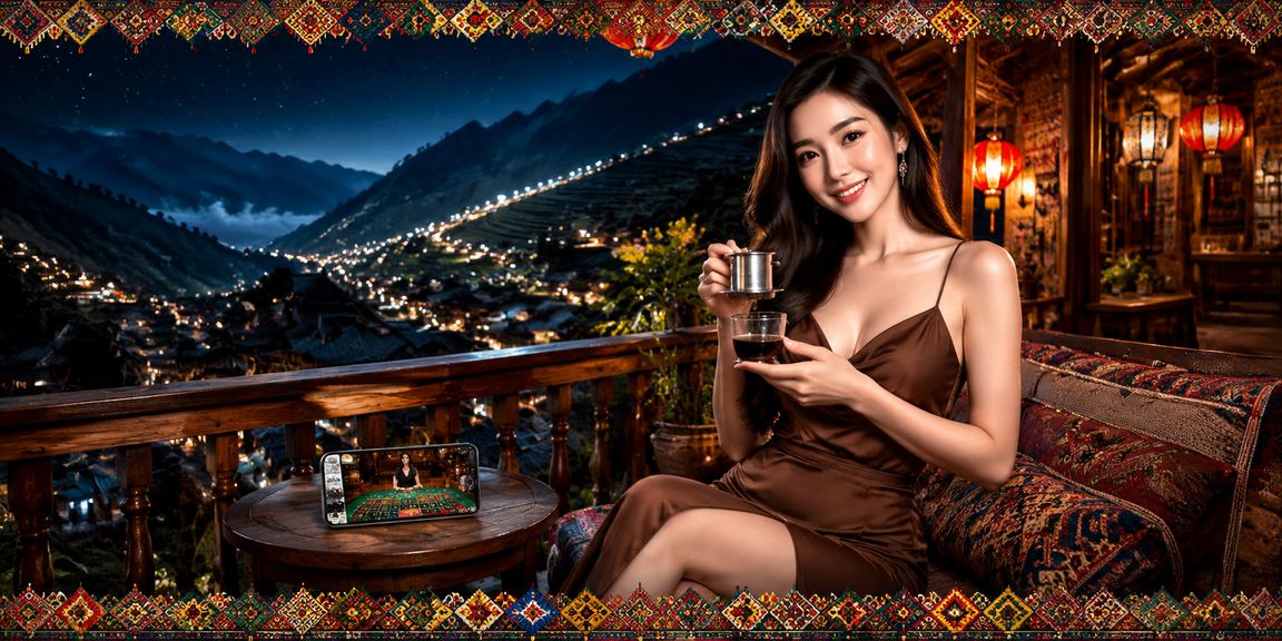 Người dùng tại Sa Pa uống cà phê và theo dõi tiến trình pool jackpot trên màn hình